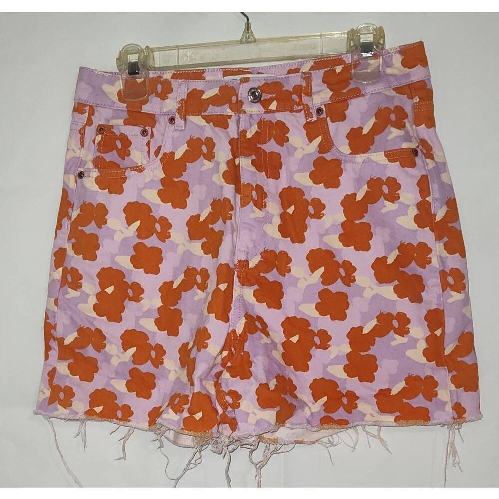 Zara The 90s Purple & Orange Poppy Floral High Rise Denim Shorts Size 8. 5 pocke